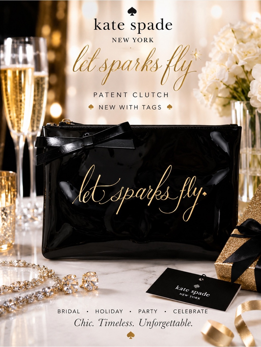 Kate Spade Let Sparks Fly Patent Leather Clutch Pouch NWT Black Gold Bridal